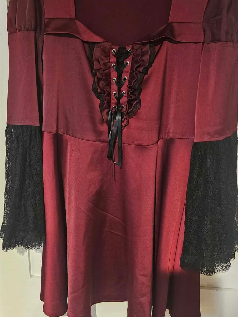 Dolls Kill Burgundy Lace-Up Maxi Dress with Black Lace Sleeves